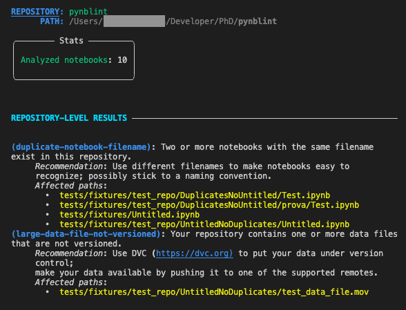 Pynblint linting results for a repository containing notebooks.
